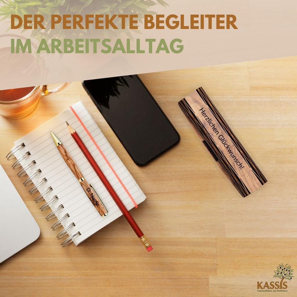 Handcrafted olive wood ballpoint pen and matching wooden presentation gift box with natural wood grain — view 5