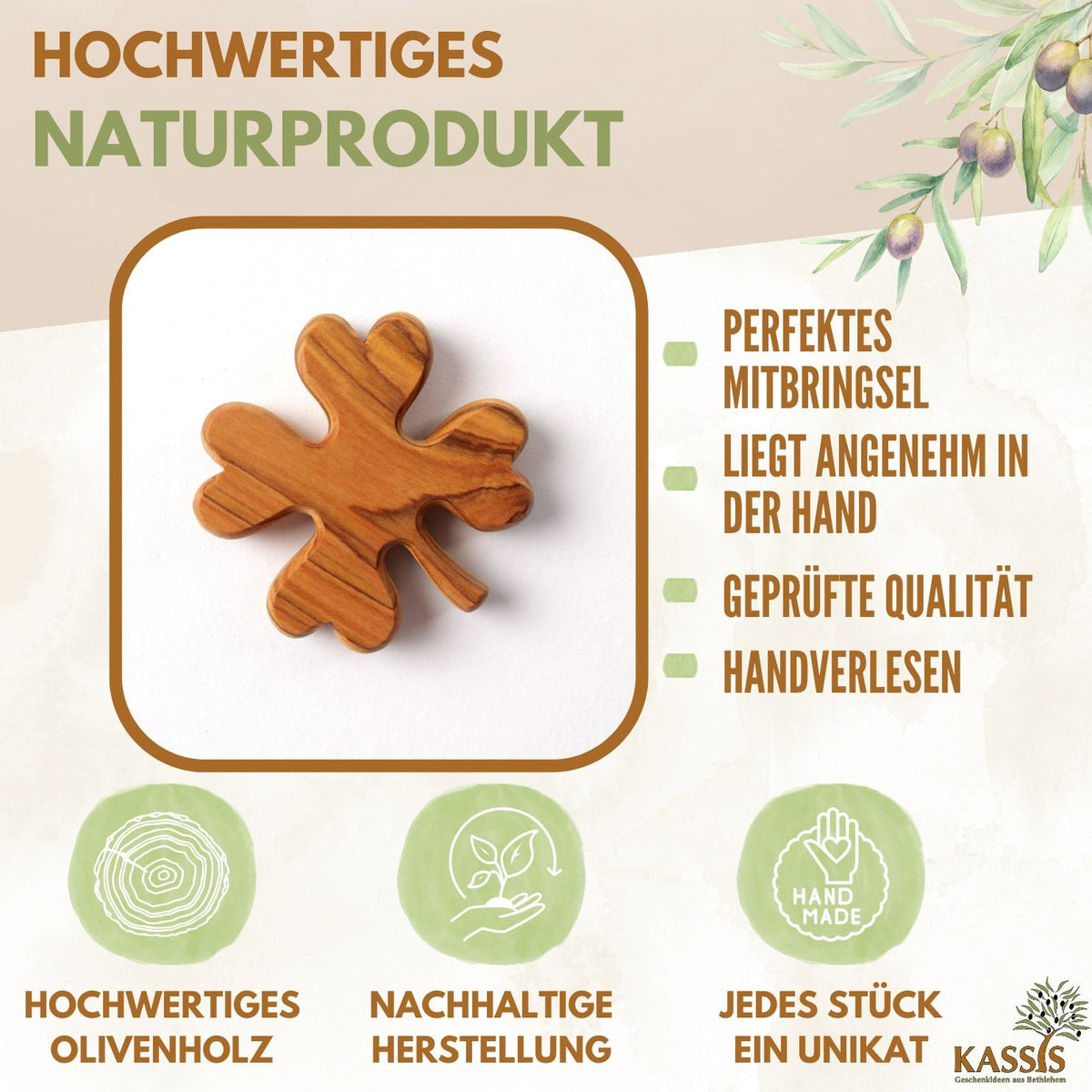 Kleeblatt Handschmeichler aus Olivenholz | Glücksbringer als Geschenk für Geburtstag, Prüfung & Neuanfang-1
