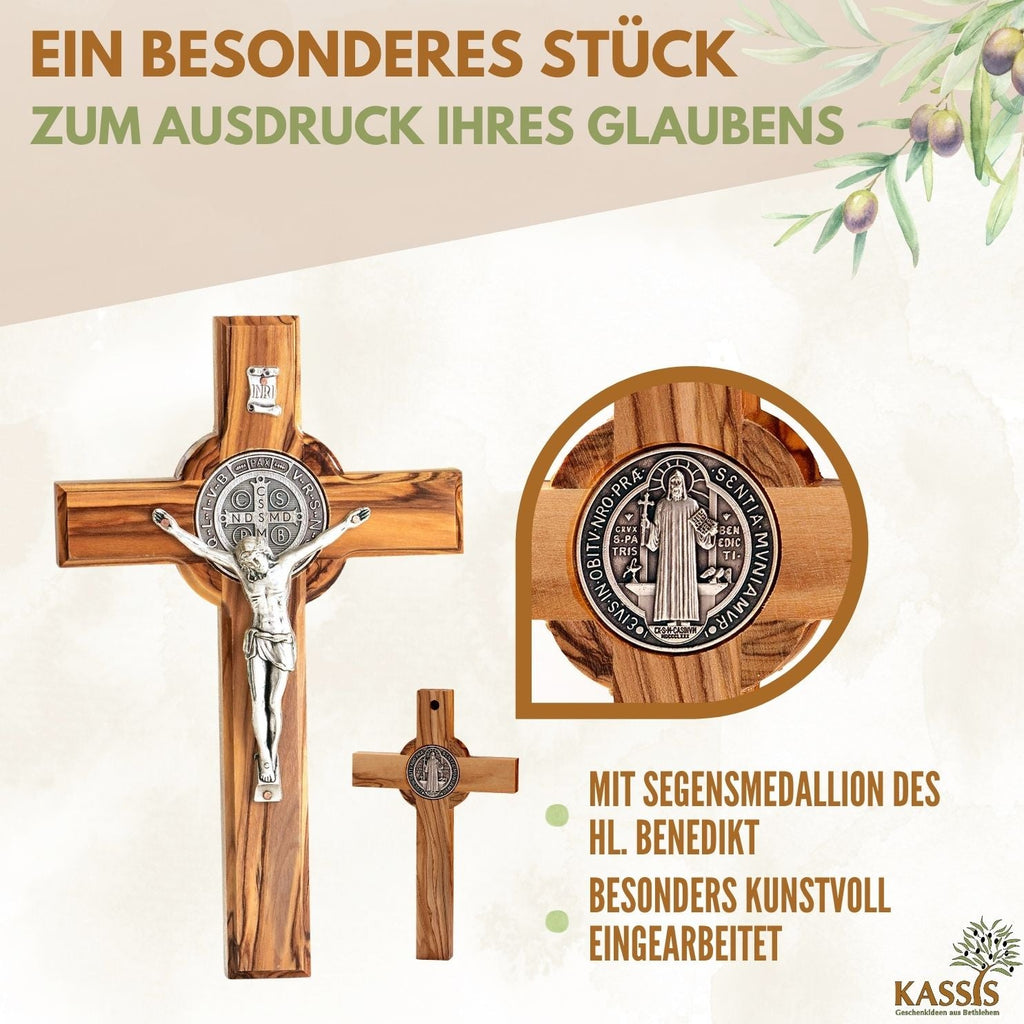 St. Benedikt Kreuz aus Olivenholz | Schutzkreuz als Wandkreuz & Geschenk zur Taufe, Kommunion oder Firmung-4
