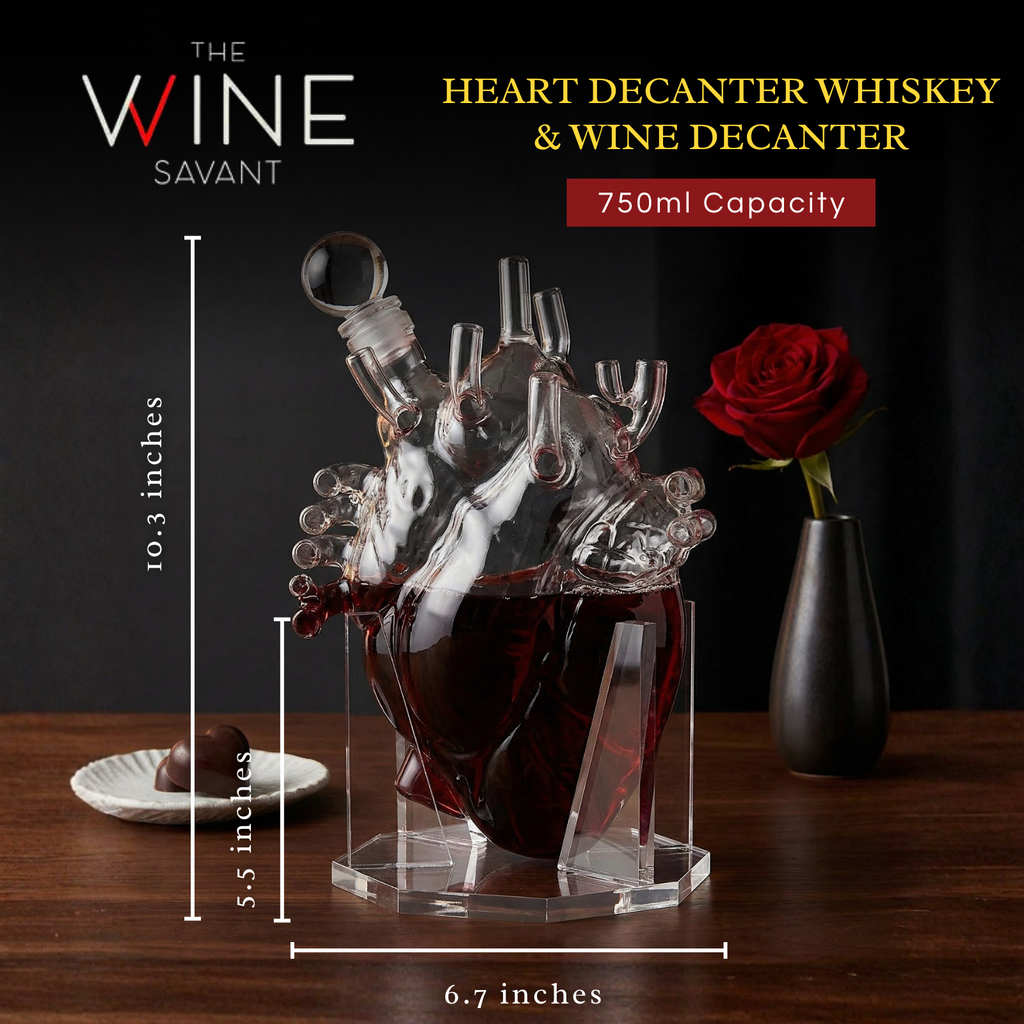 Transparent borosilicate glass anatomical heart decanter for whiskey or wine on a table. — view 4