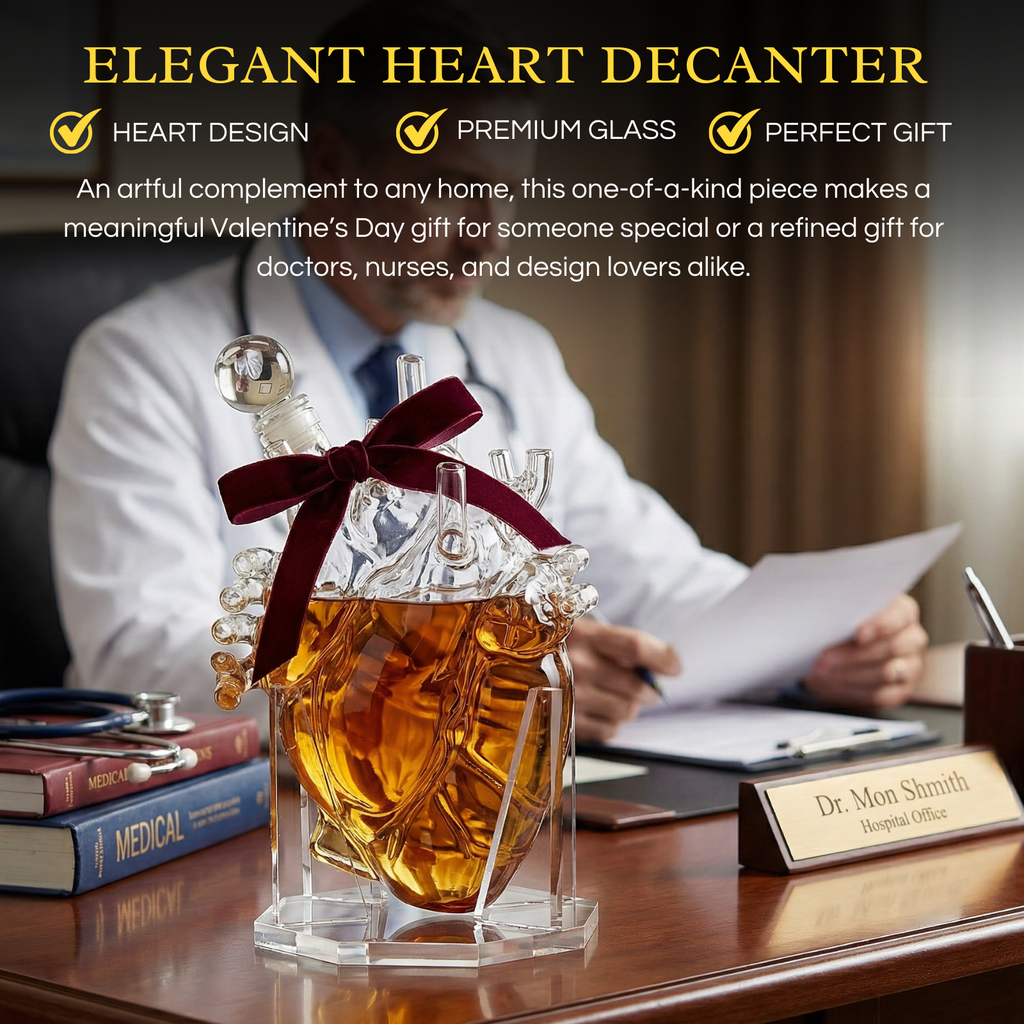 Transparent borosilicate glass anatomical heart decanter for whiskey or wine on a table. — view 3