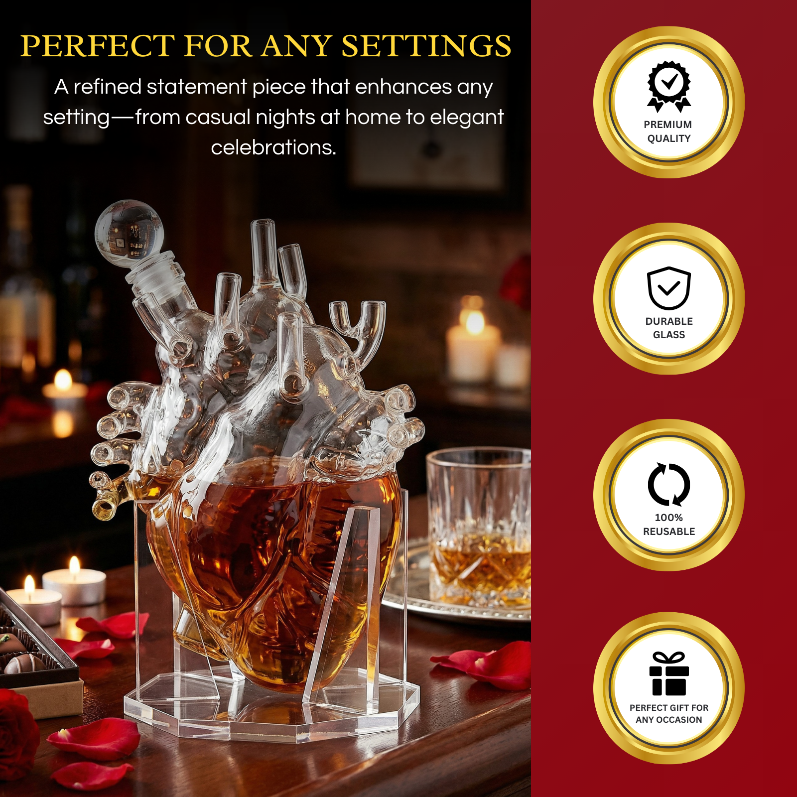 Transparent borosilicate glass anatomical heart decanter for whiskey or wine on a table. — view 5