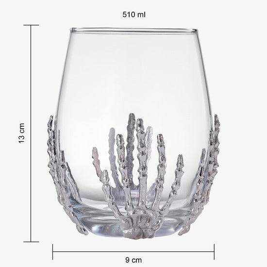 Stemless skeleton wine glass set of two with silver bloody hand design and 17oz capacity — view 3