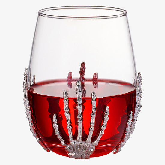 Stemless skeleton wine glass set of two with silver bloody hand design and 17oz capacity — view 4