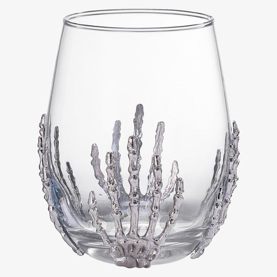 Stemless skeleton wine glass set of two with silver bloody hand design and 17oz capacity — view 5