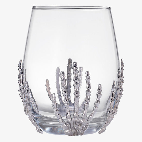 Clear 17oz stemless wine glass featuring a silver skeleton hand and red blood drip detailing — view 5