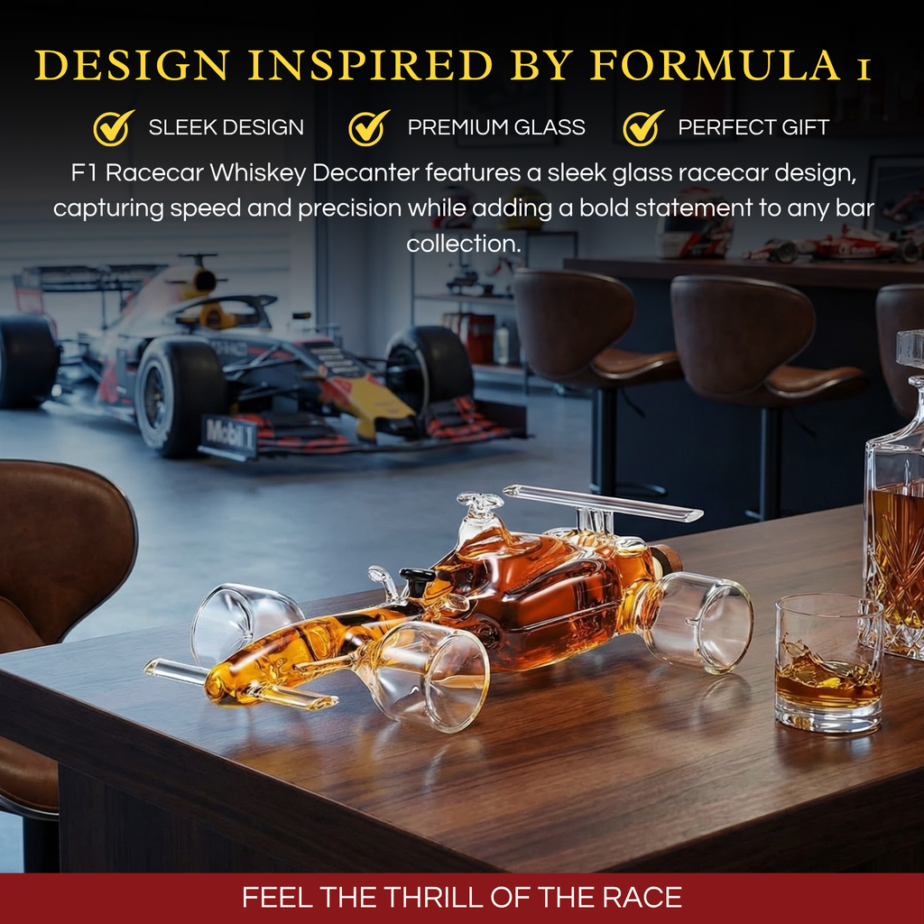 Clear glass F1 racecar whiskey decanter holding liquor on a wooden bar cart — view 2