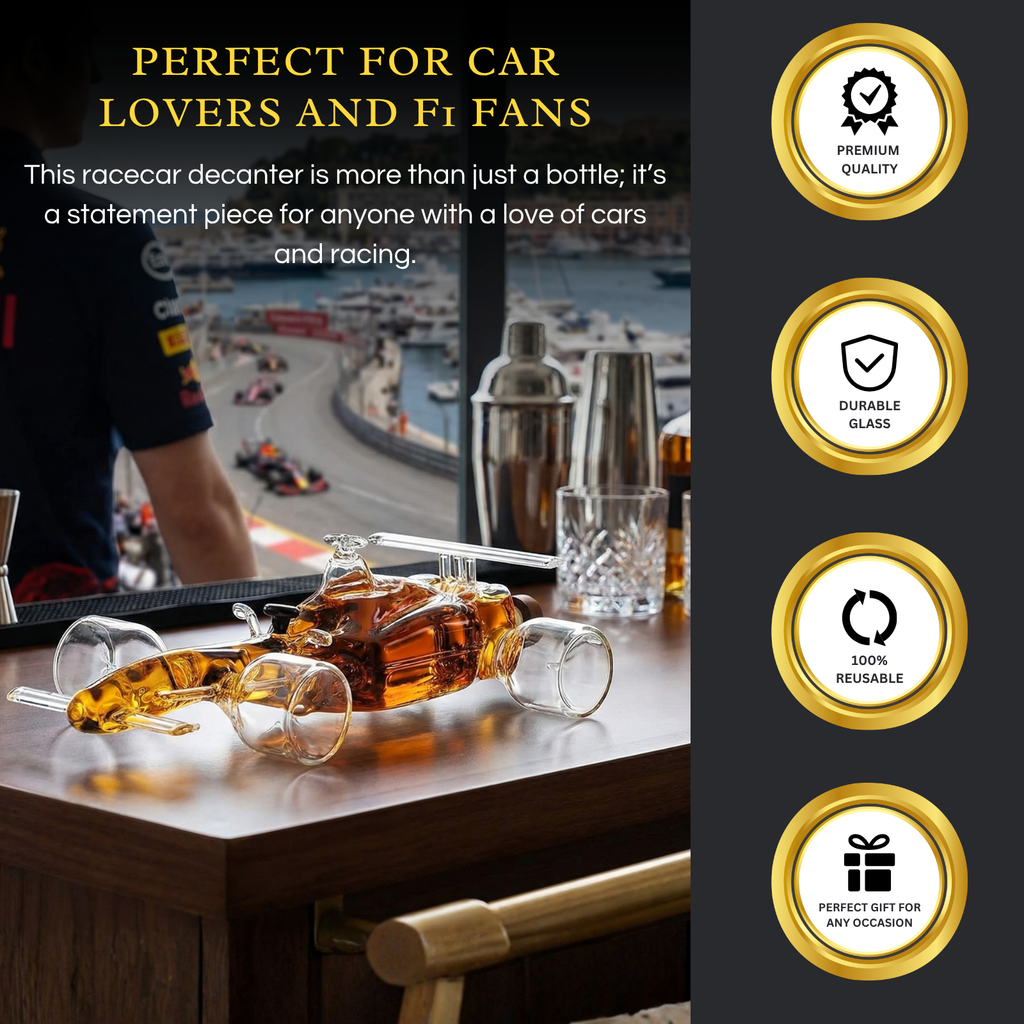 Clear glass F1 racecar whiskey decanter holding liquor on a wooden bar cart — view 3