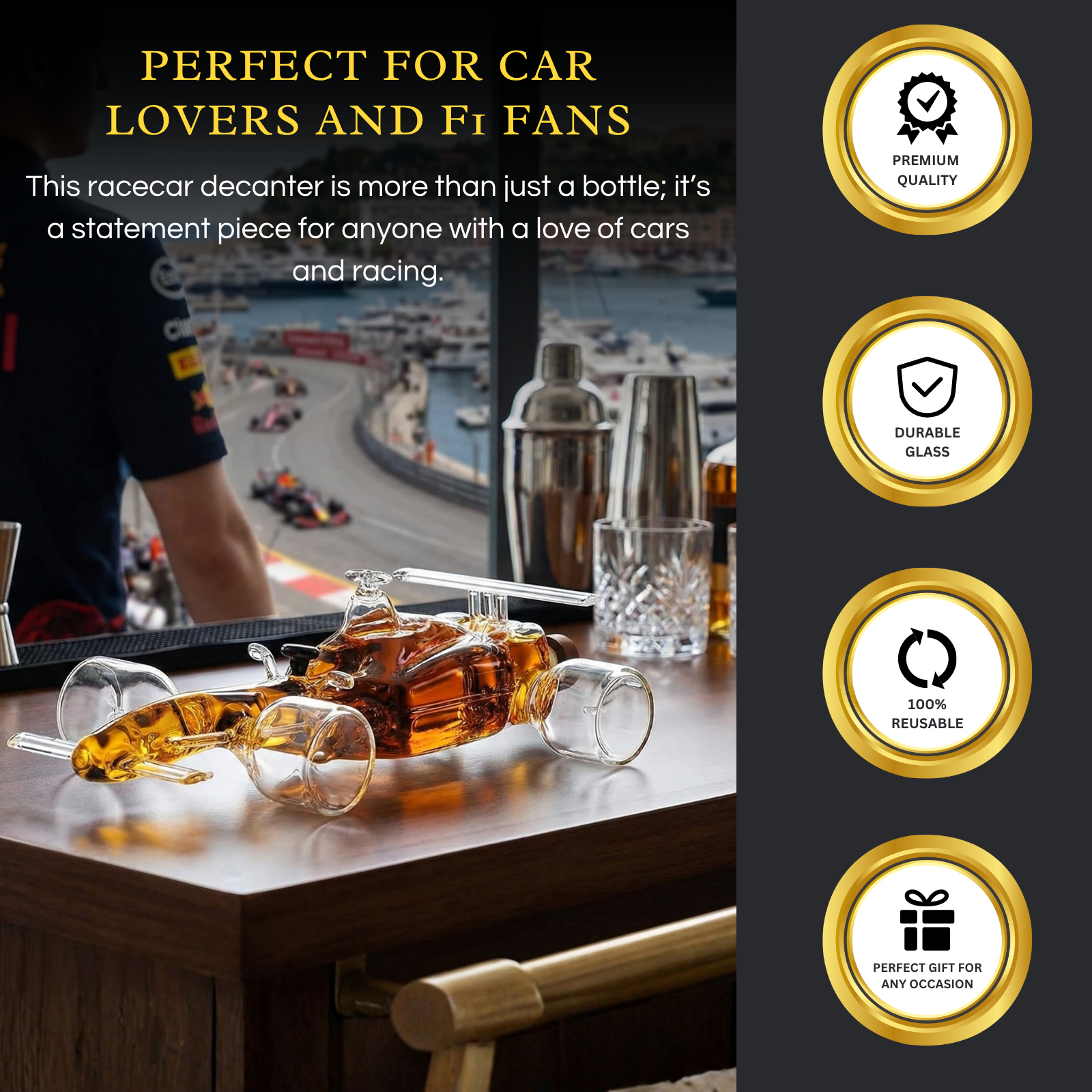 Clear glass F1 racecar whiskey decanter holding liquor on a wooden bar cart — view 3