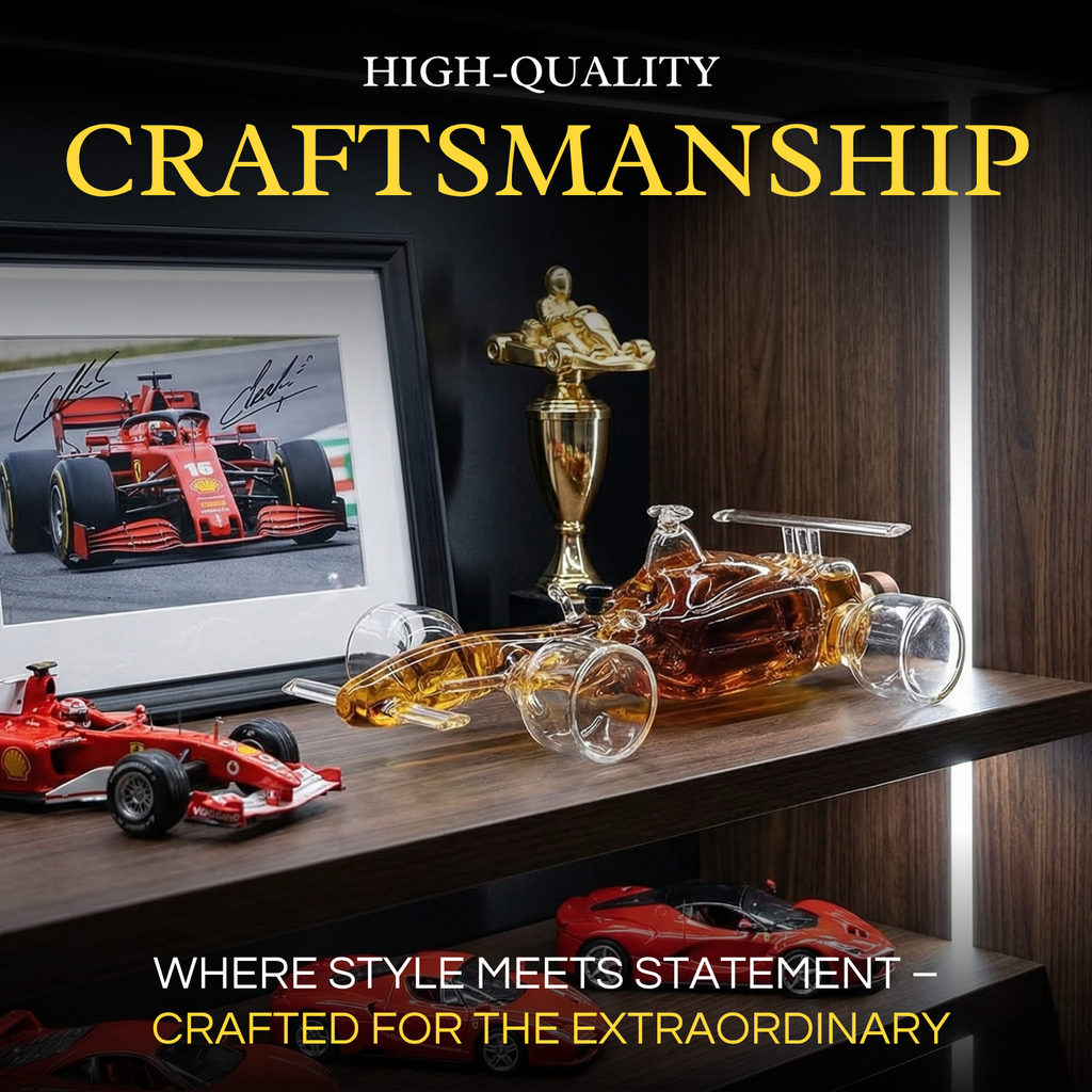 Clear glass F1 racecar whiskey decanter holding liquor on a wooden bar cart — view 4