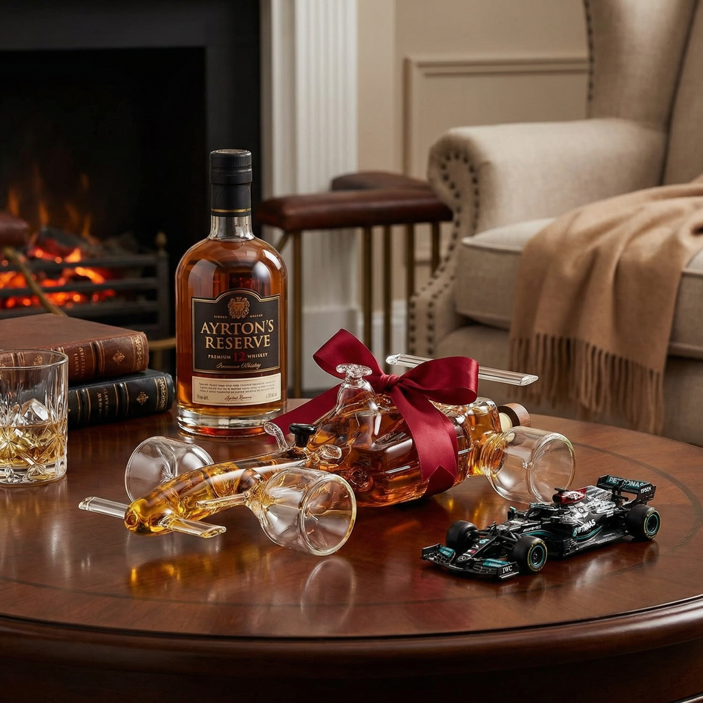 Clear glass F1 racecar whiskey decanter holding liquor on a wooden bar cart — view 5