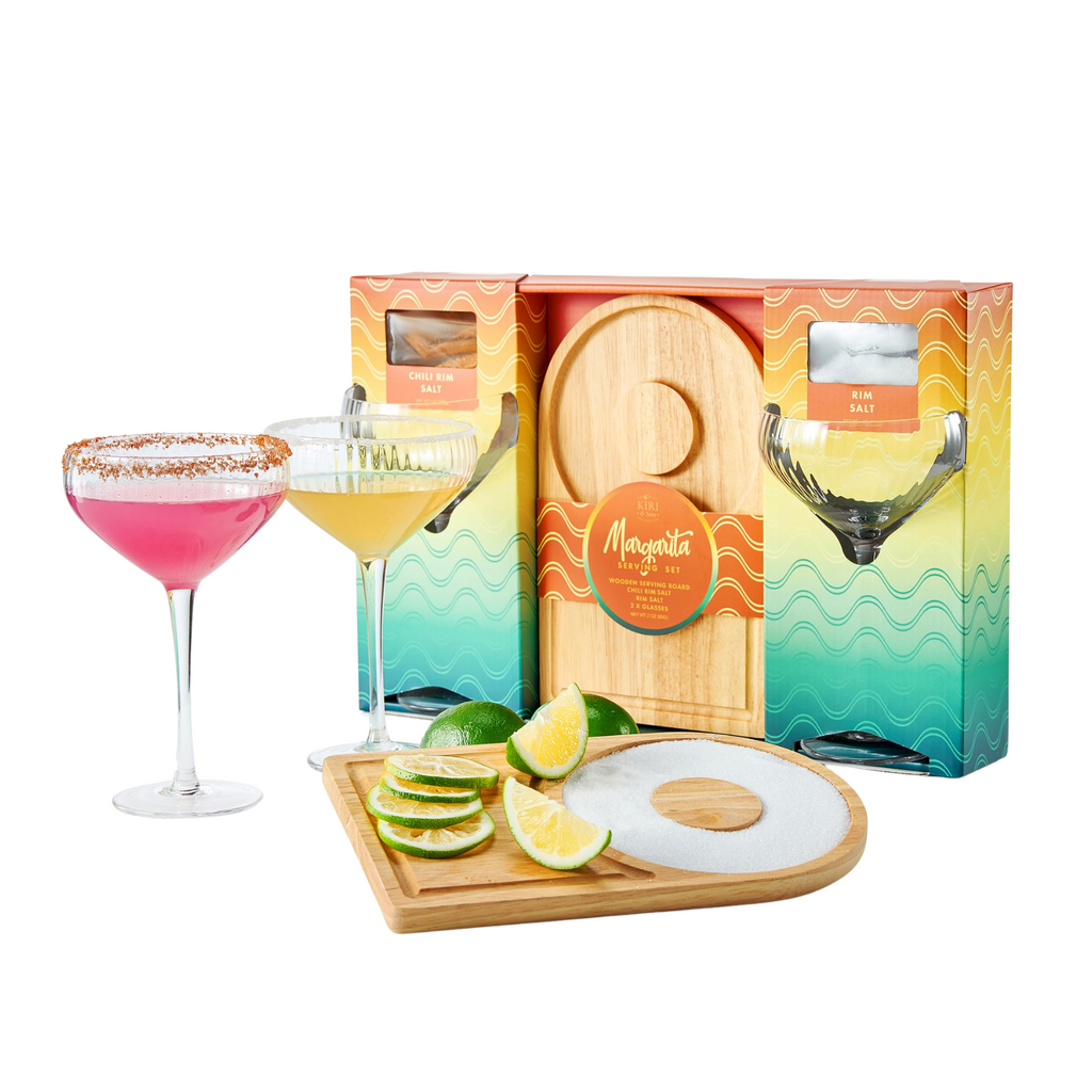 Margarita glass and board gift set featuring two ribbed glasses and cocktail salts