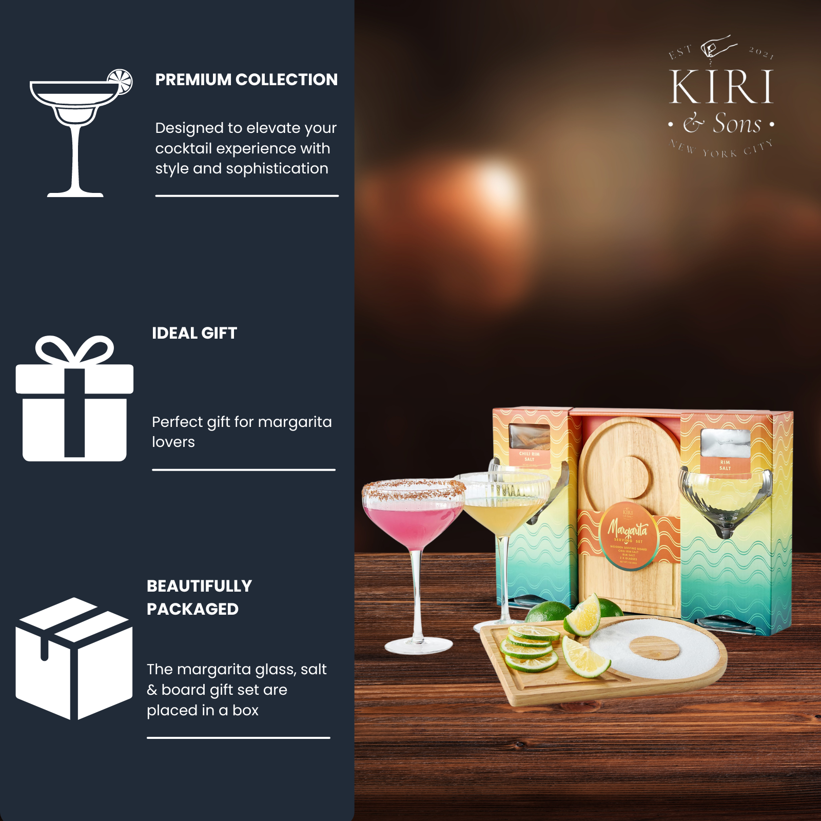 Margarita glass and board gift set featuring two ribbed glasses and cocktail salts — view 3