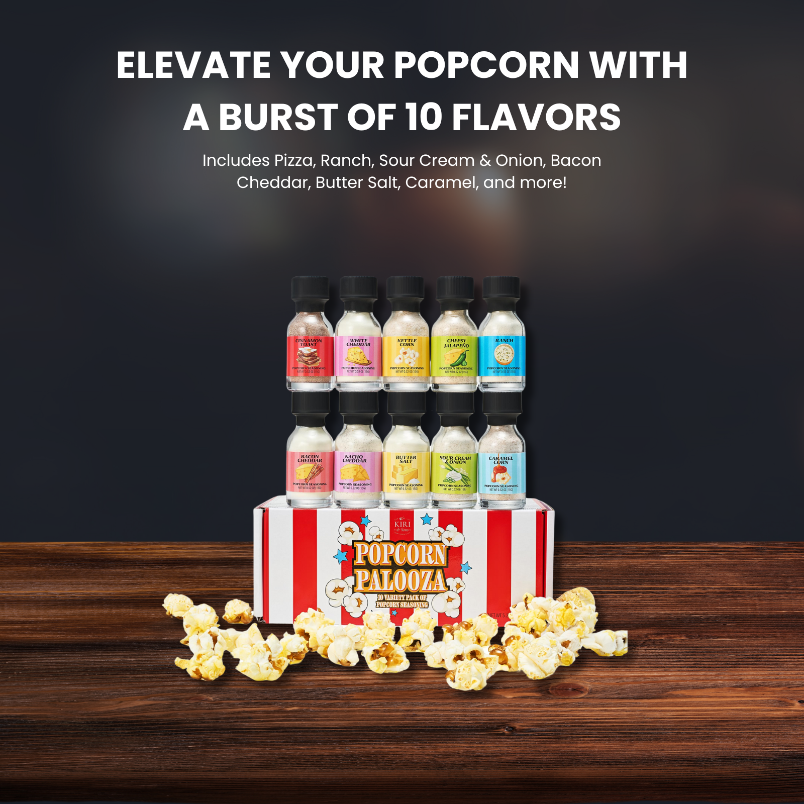 Gourmet popcorn seasoning sampler kit with 10 distinct flavor jars for movie night snacks — view 4