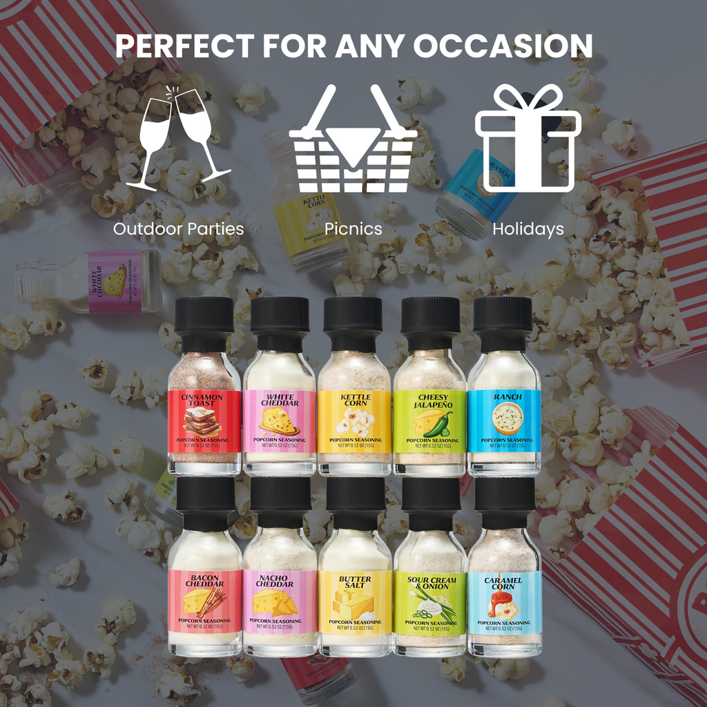 Gourmet popcorn seasoning sampler kit with 10 distinct flavor jars for movie night snacks — view 2