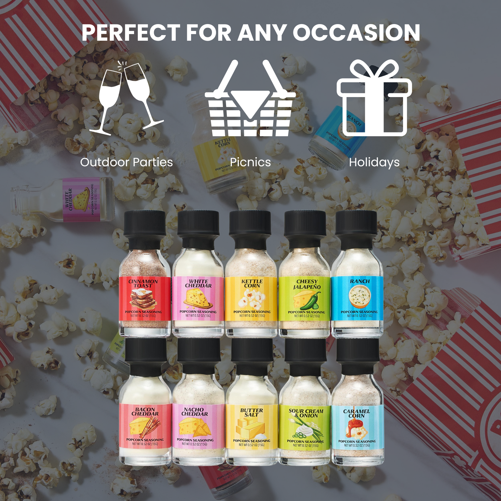 Gourmet popcorn seasoning sampler kit with 10 distinct flavor jars for movie night snacks — view 2