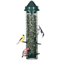 Squirrel-proof hanging bird feeder with negative grip tube, seed ports, and perches for wild birds