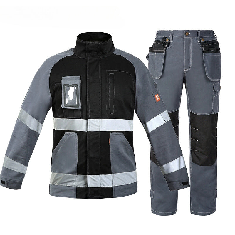 Bauskydd 100% cotton safety workwear uniform set for electricians and technicians in a workshop setting
