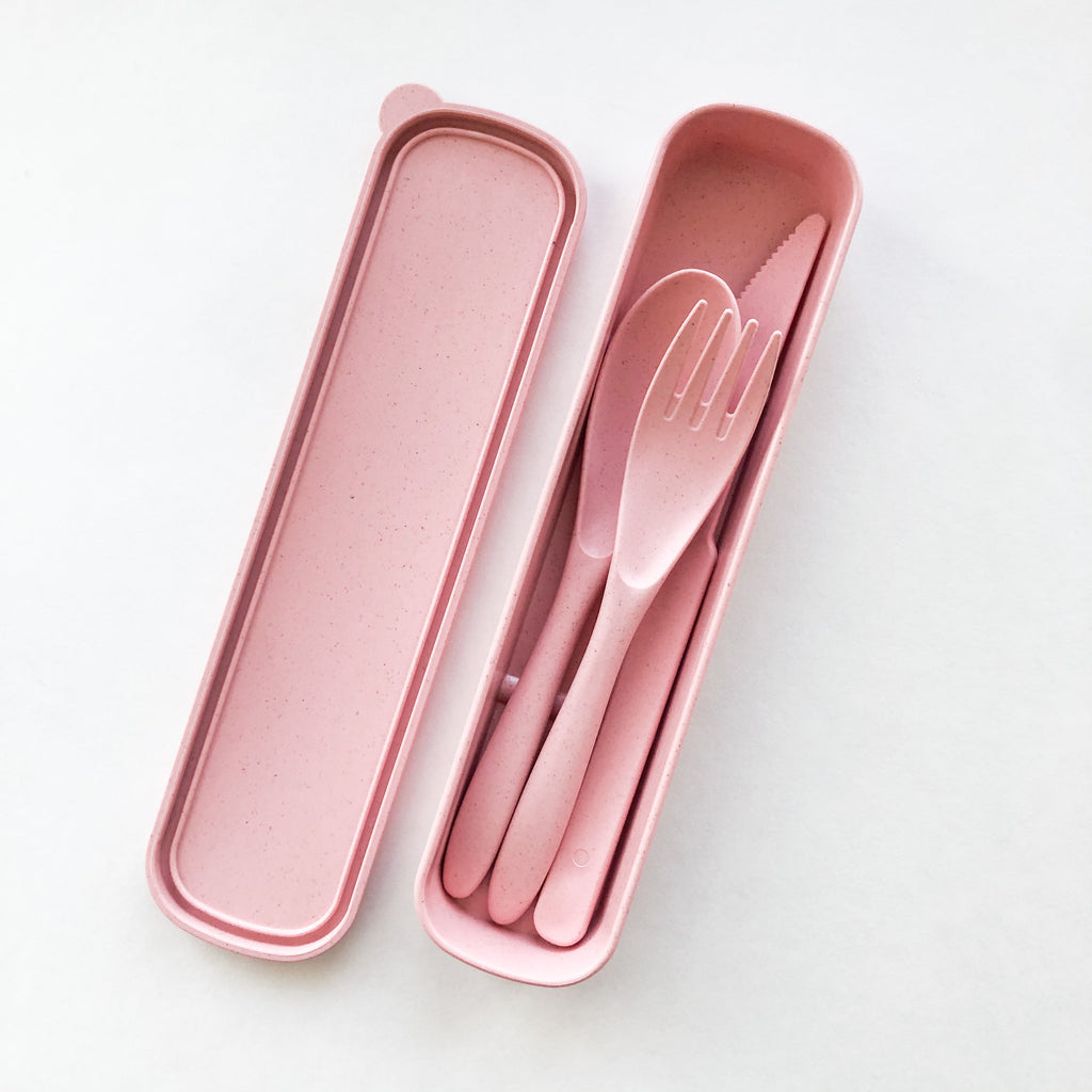 Wheat straw travel cutlery set with fork, spoon, knife, and storage case for zero waste dining — view 3