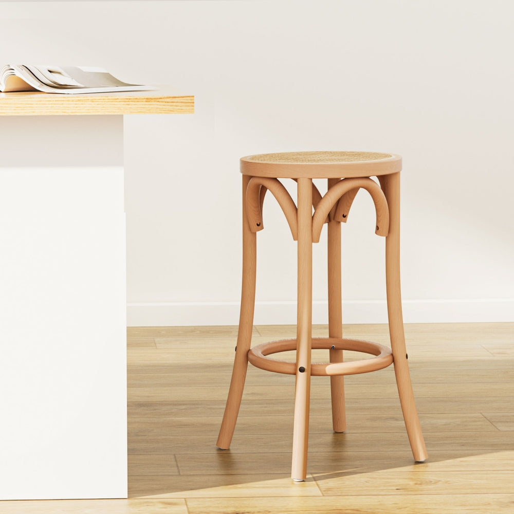 Artiss wooden bar stool with natural woven rattan seat, solid beechwood frame and pine color finish
