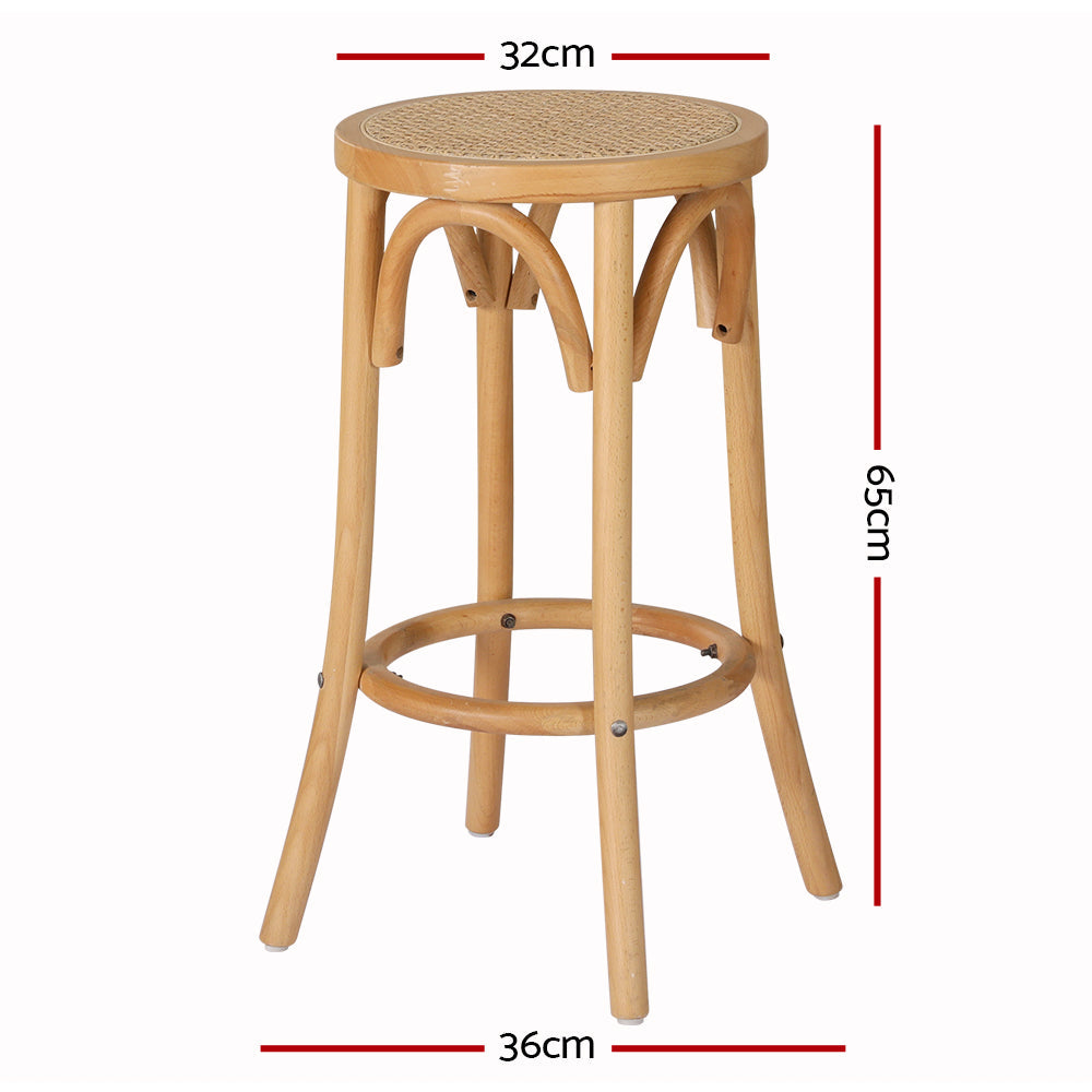 Artiss wooden bar stool with natural woven rattan seat, solid beechwood frame and pine color finish — view 2