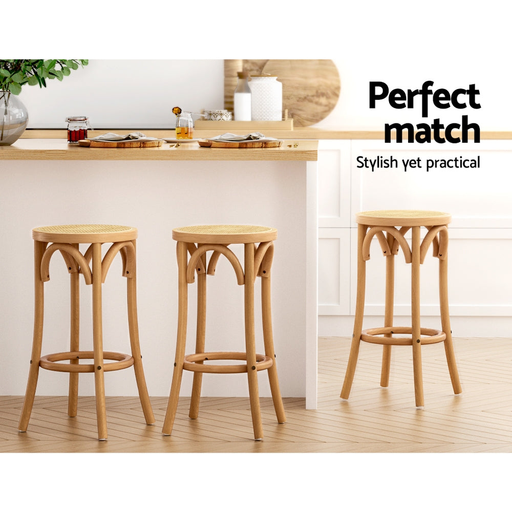 Artiss wooden bar stool with natural woven rattan seat, solid beechwood frame and pine color finish — view 3