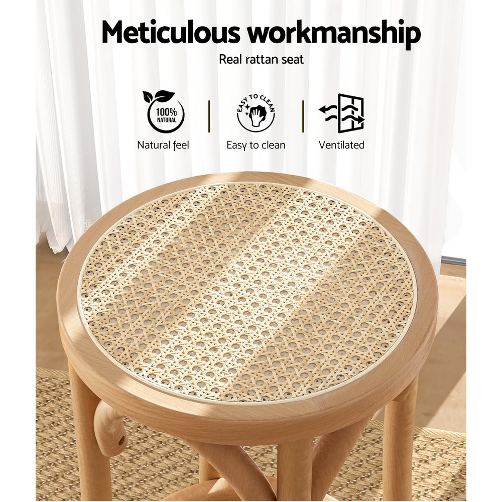 Artiss wooden bar stool with natural woven rattan seat, solid beechwood frame and pine color finish — view 4