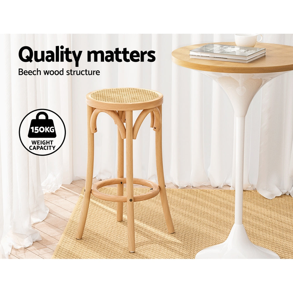 Artiss wooden bar stool with natural woven rattan seat, solid beechwood frame and pine color finish — view 5