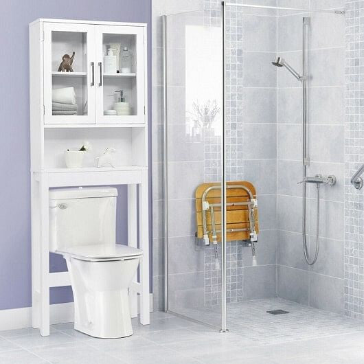 White over the toilet storage cabinet featuring tempered glass doors open shelving and metallic handles — view 2