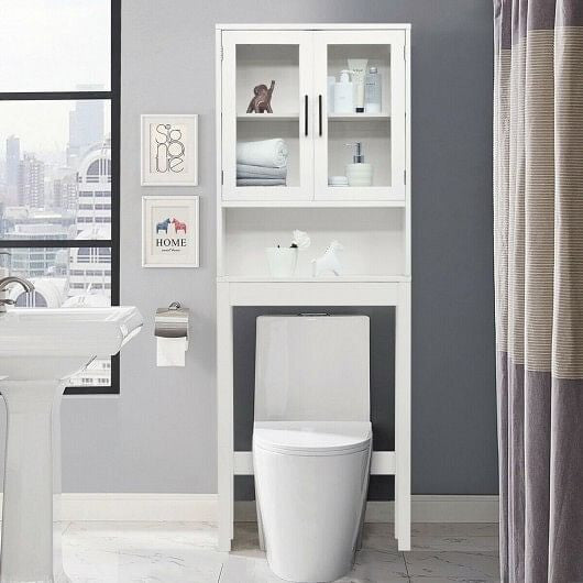 White over the toilet storage cabinet featuring tempered glass doors open shelving and metallic handles — view 4