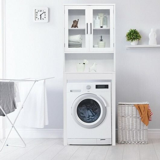 White over the toilet storage cabinet featuring tempered glass doors open shelving and metallic handles — view 5