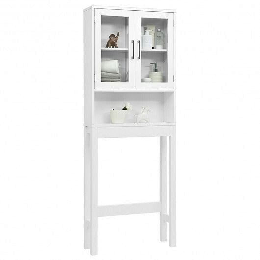 White over the toilet storage cabinet featuring tempered glass doors open shelving and metallic handles — view 3
