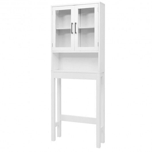 White over the toilet storage cabinet featuring tempered glass doors open shelving and metallic handles