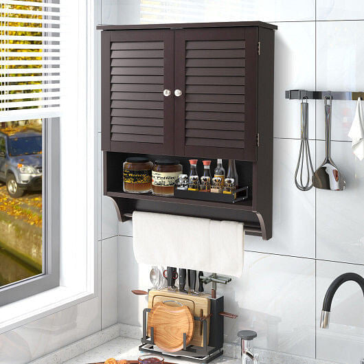 White wall-mounted medicine cabinet with louvered doors and bottom towel bar for bathroom storage — view 3