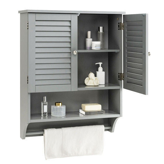 White wall-mounted medicine cabinet with louvered doors and bottom towel bar for bathroom storage — view 4