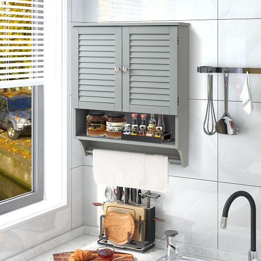White wall-mounted medicine cabinet with louvered doors and bottom towel bar for bathroom storage — view 2
