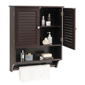 White wall-mounted medicine cabinet with louvered doors and bottom towel bar for bathroom storage