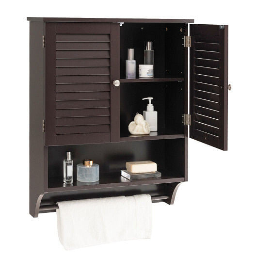 White wall-mounted medicine cabinet with louvered doors and bottom towel bar for bathroom storage