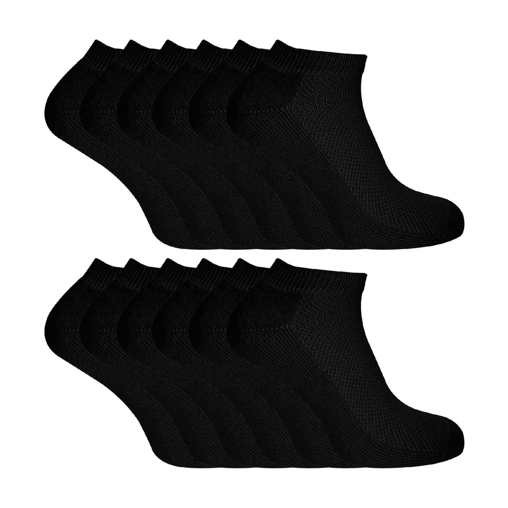 12-pack of kids low cut bamboo running socks in black and white with cushioned heels.