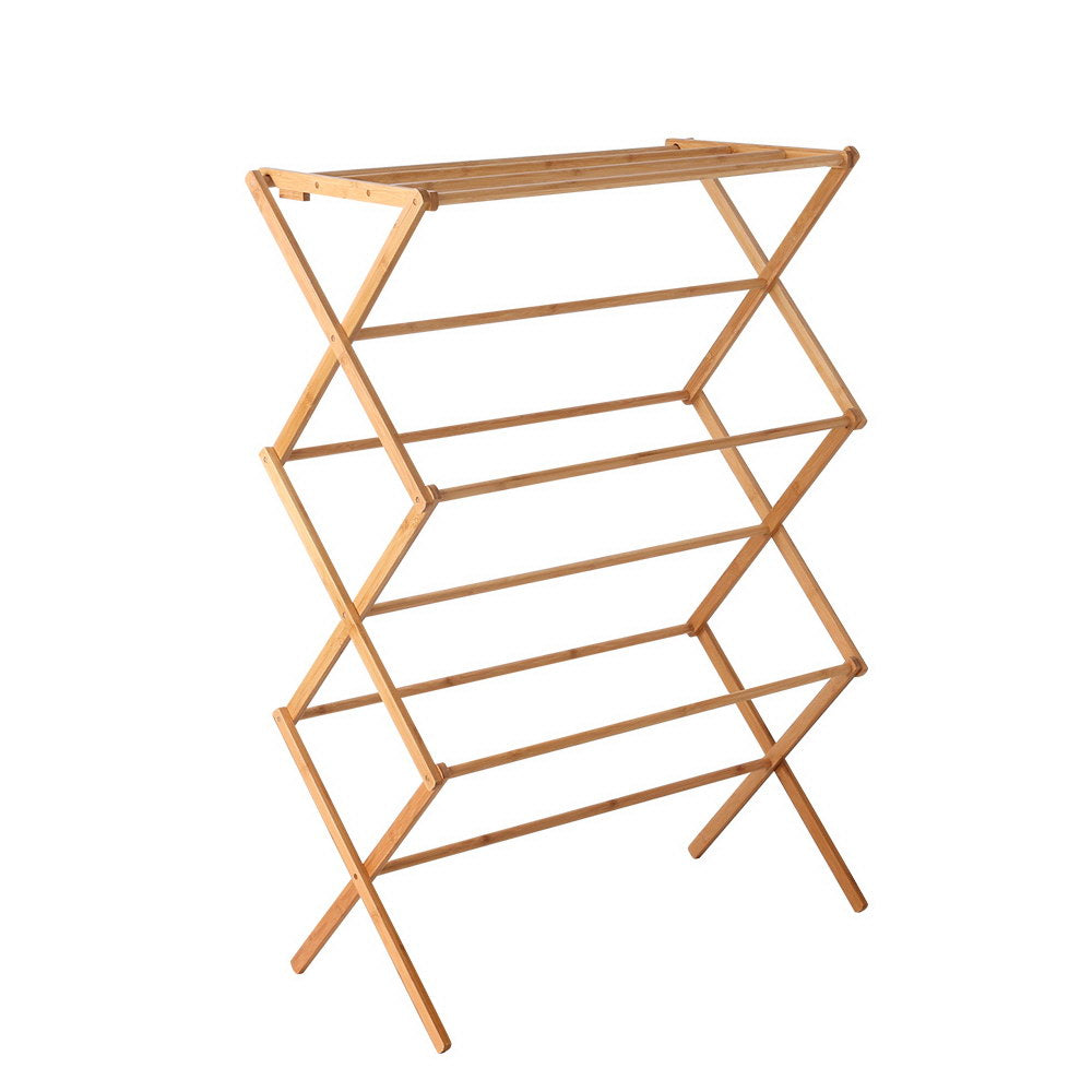 Natural bamboo foldable clothes drying rack with eleven hanging bars on a white background.
