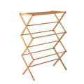 Natural bamboo foldable clothes drying rack with eleven hanging bars on a white background.