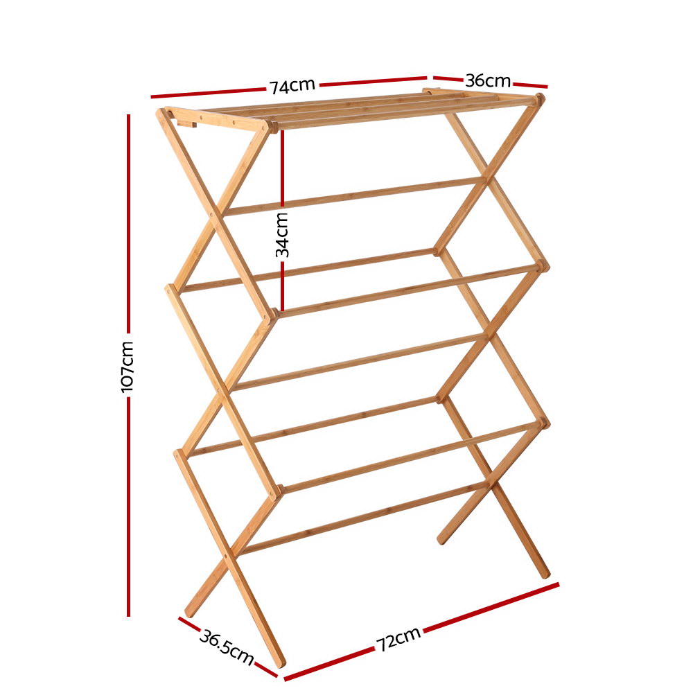 Natural bamboo foldable clothes drying rack with eleven hanging bars on a white background. — view 3