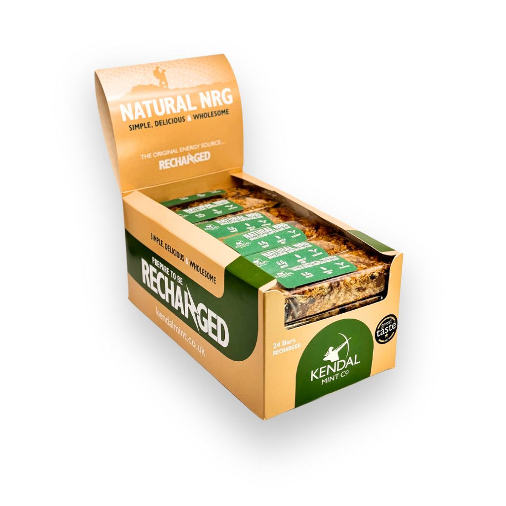 Natural superfood energy bar with chocolate chunks and oats in recyclable packaging