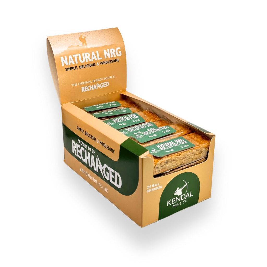 Natural NRG vegan rolled oat energy bar in fully recyclable eco-friendly packaging for athletes