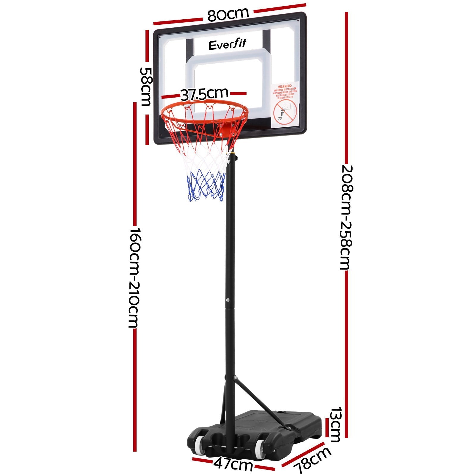 Everfit adjustable portable basketball hoop stand with clear 32 inch backboard, steel frame, and base — view 2