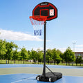 Portable adjustable basketball hoop stand system in black with shatterproof backboard and wheeled base