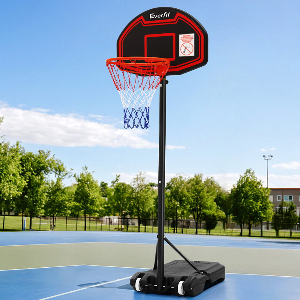 Portable adjustable basketball hoop stand system in black with shatterproof backboard and wheeled base
