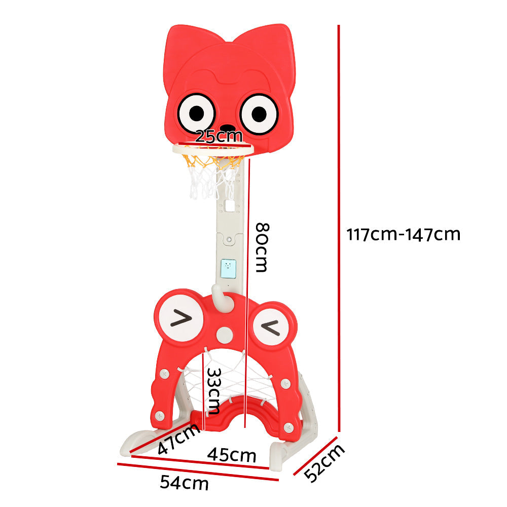 Red 5-in-1 kids adjustable basketball hoop stand and sports activity center with included balls. — view 2