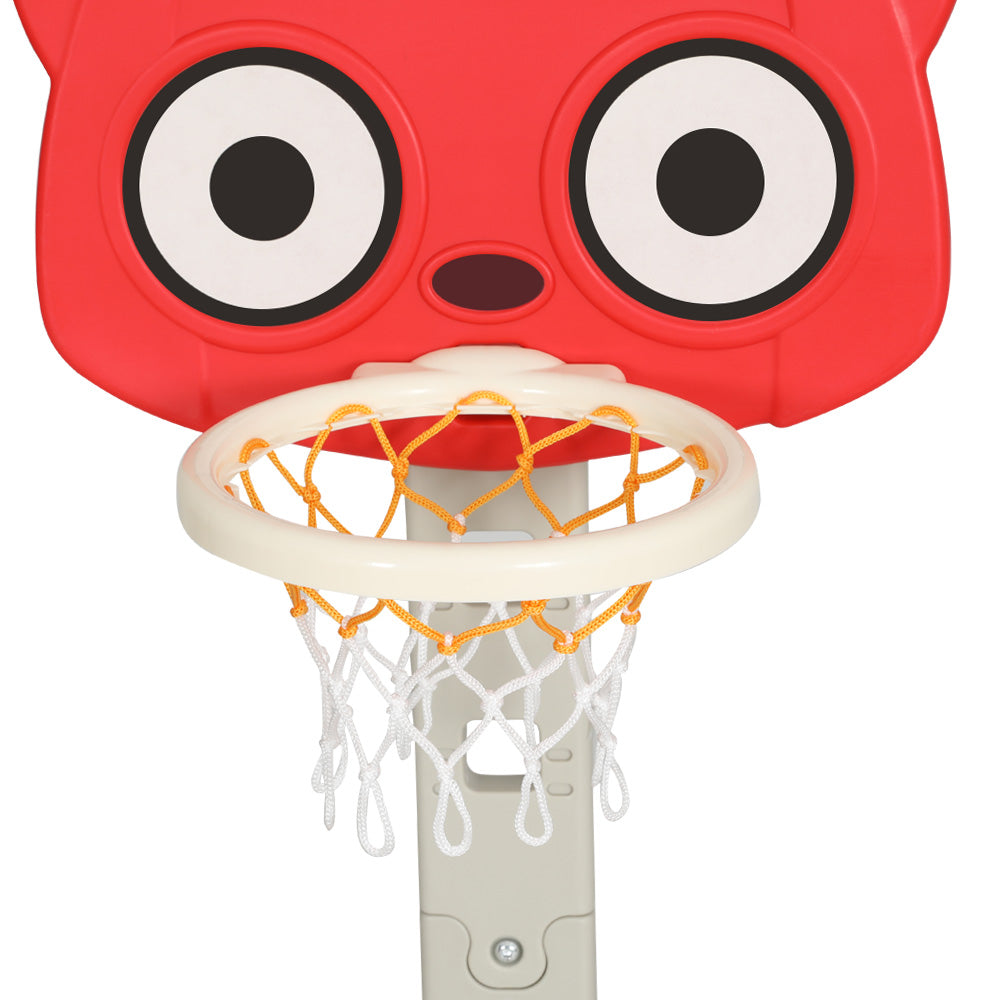 Red 5-in-1 kids adjustable basketball hoop stand and sports activity center with included balls. — view 3