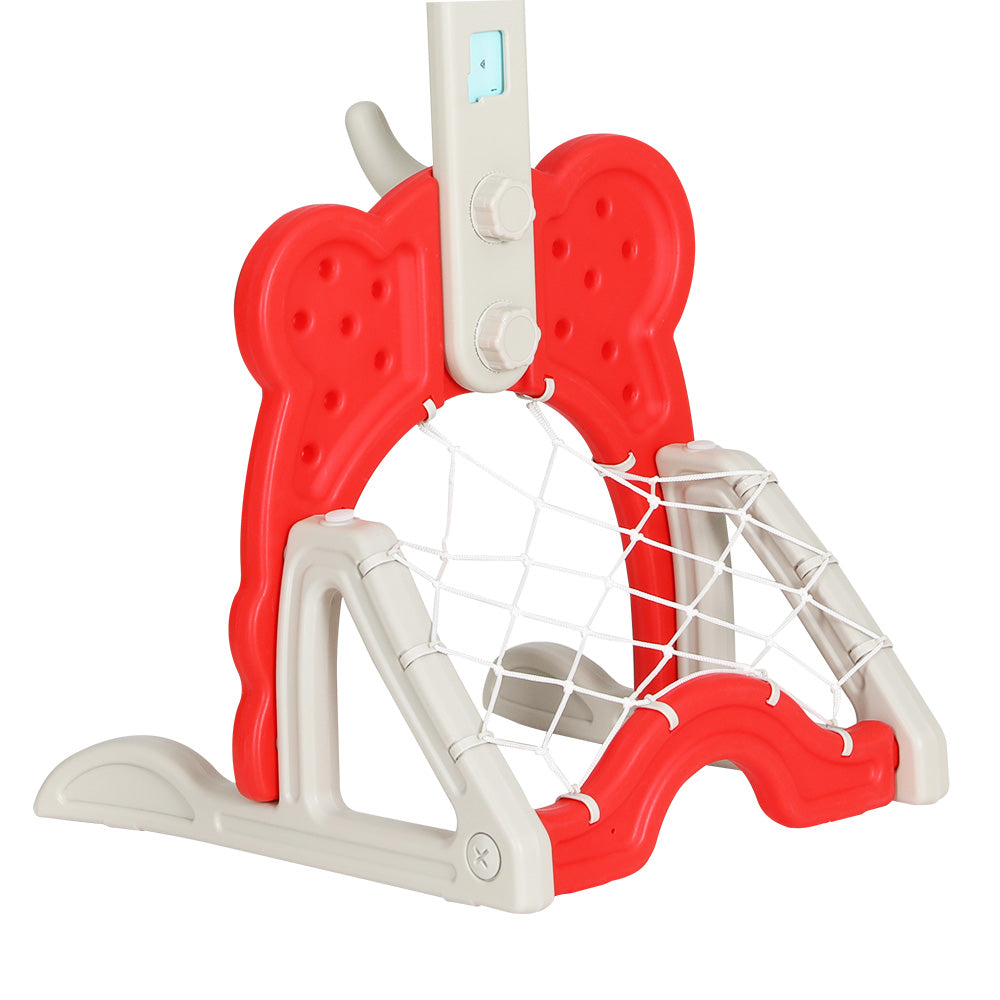 Red 5-in-1 kids adjustable basketball hoop stand and sports activity center with included balls. — view 4